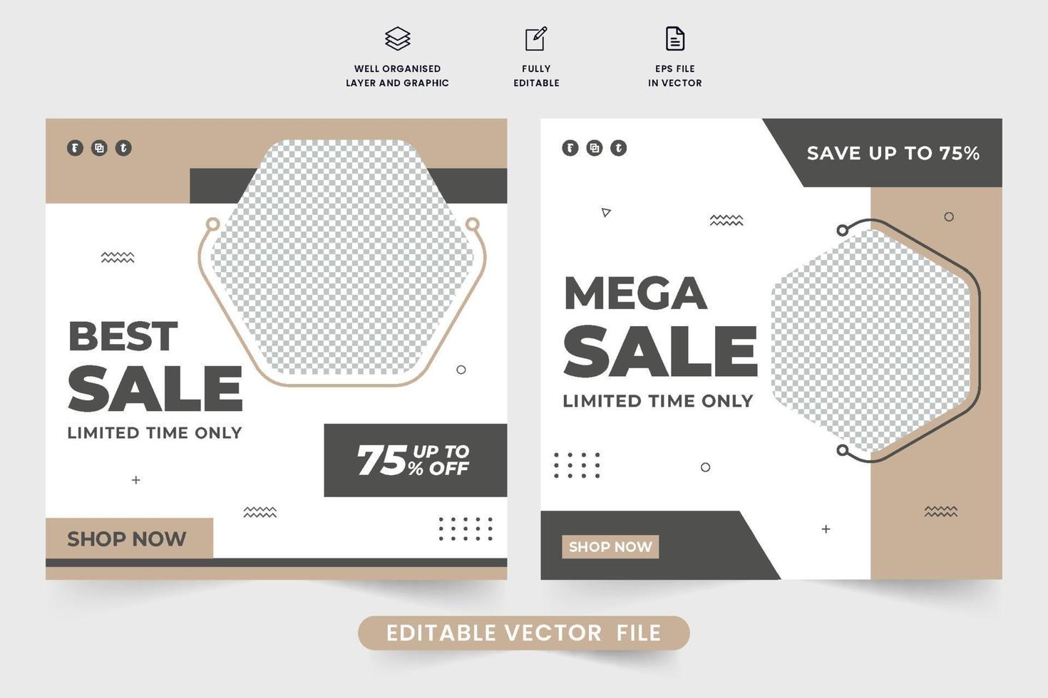 Shop promotions and special discount social media post with photo placeholders. Modern business advertising template vector with khaki and dark colors. Mega sale web banner design for marketing.