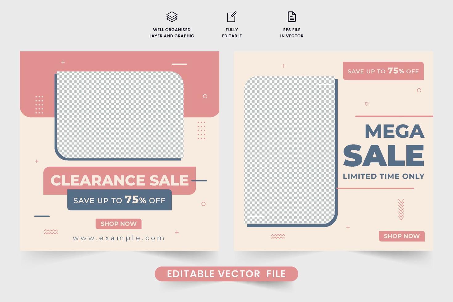 Clearance sale social media post design for digital marketing and shop promotion. Store sale discount advertisement template vector with pink and blue colors. Mega sale poster with photo placeholders.
