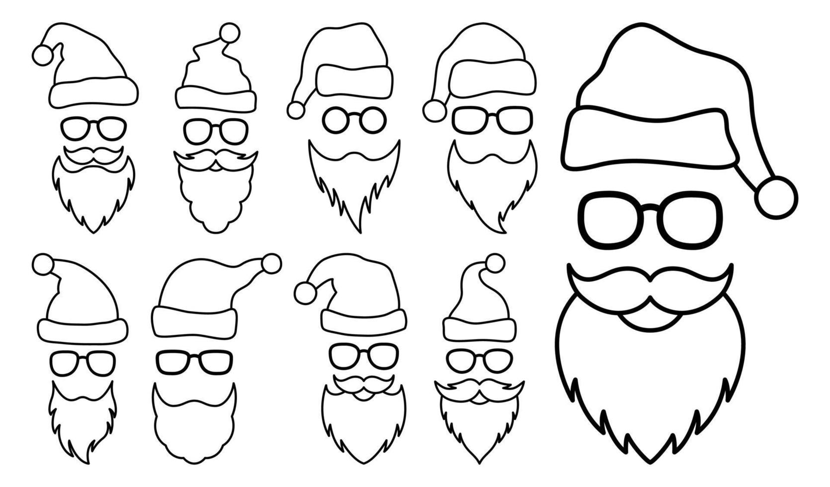 Set of Beard with christmas hat and glasses in line style isolated vector