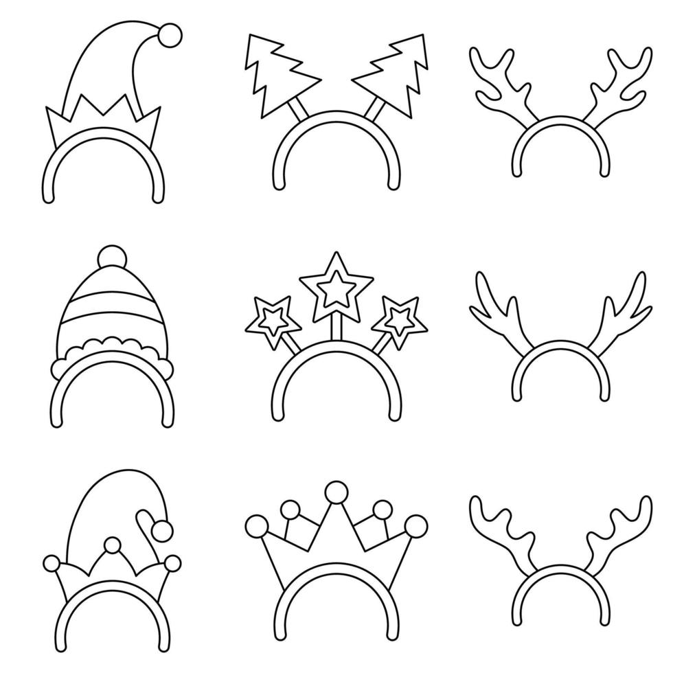 conjunto de diadema de navidad en estilo de línea aislado vector