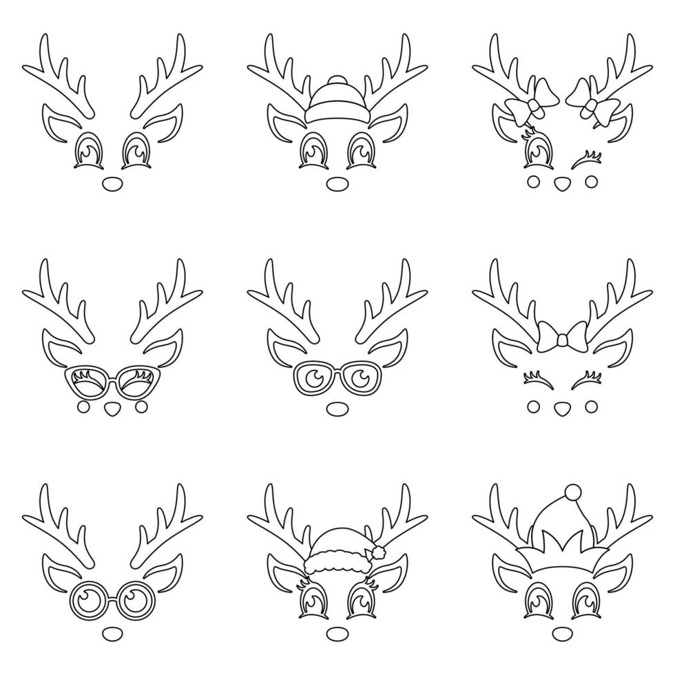 Set of Reindeer Face in line style isolated vector