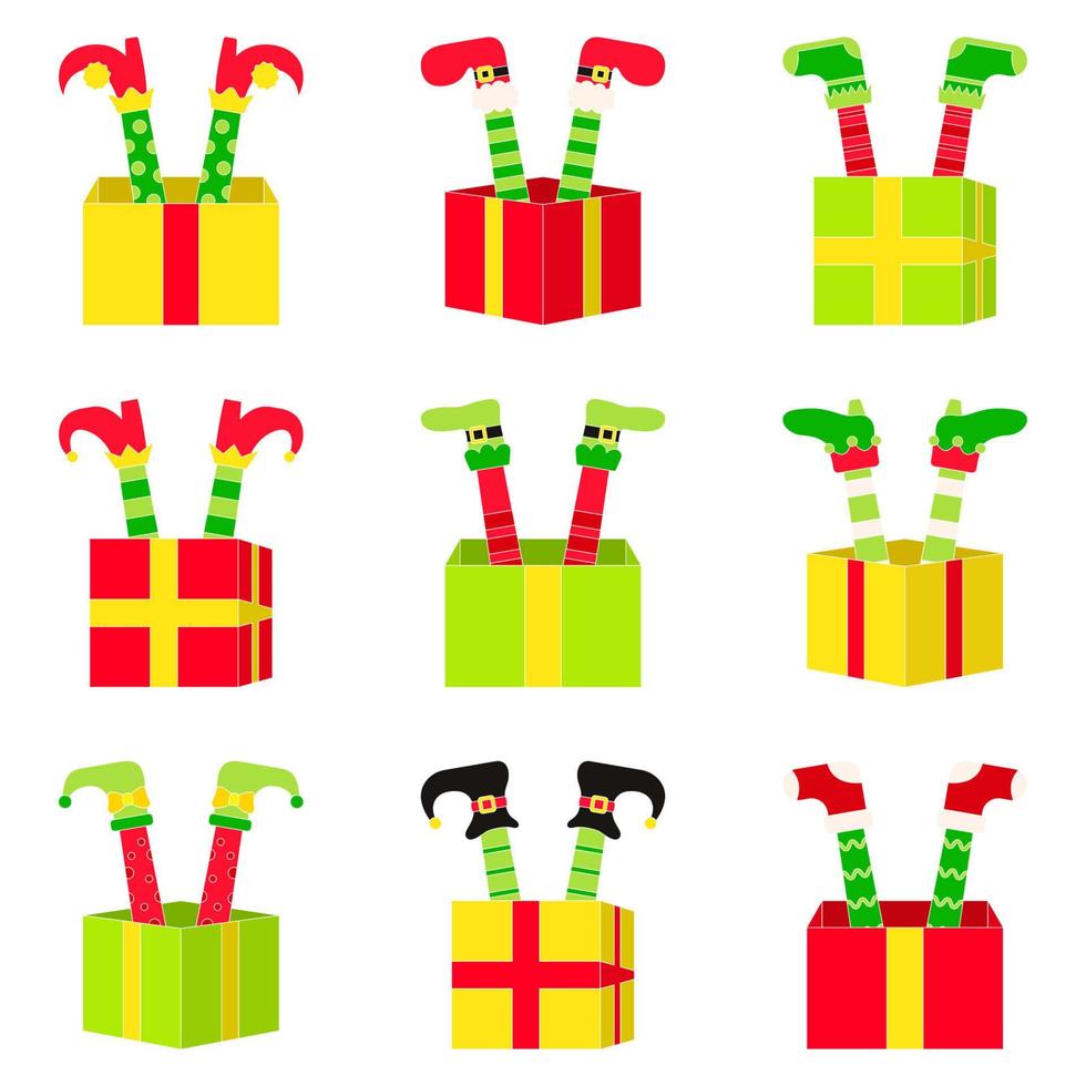 Set of Elf feet with gift box in flat style isolated vector