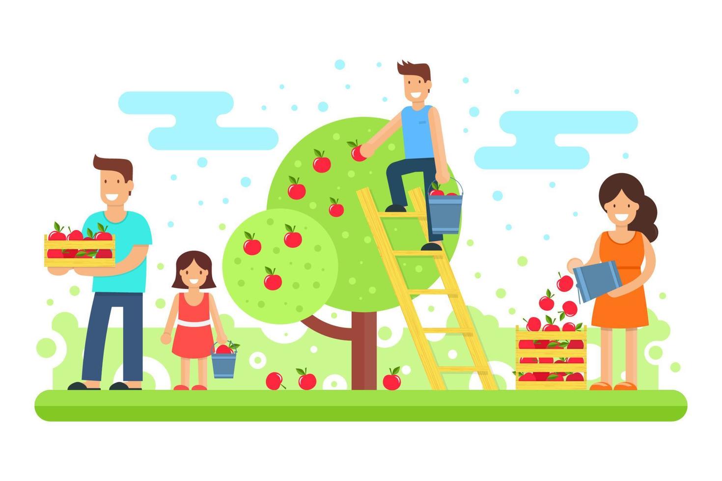 una familia feliz recoge cultivos de manzanas. vector