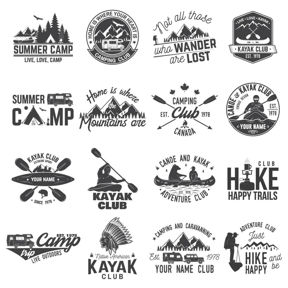 Set of canoe, hiking, kayak and camping club badge vector