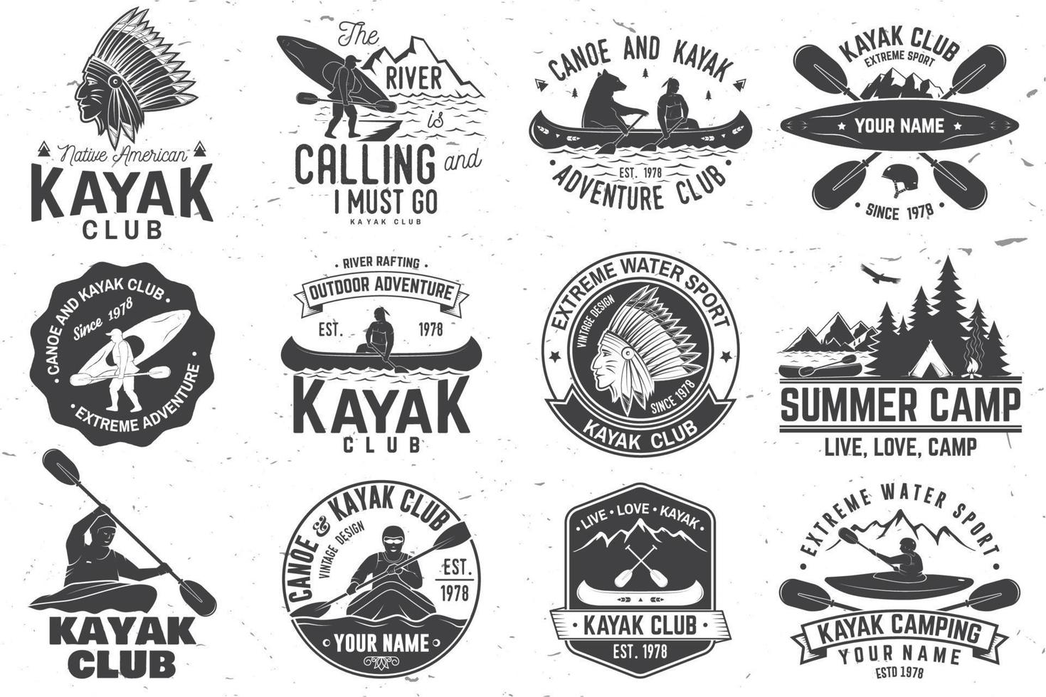 Set of canoe and kayak club badges. Vector illustration.