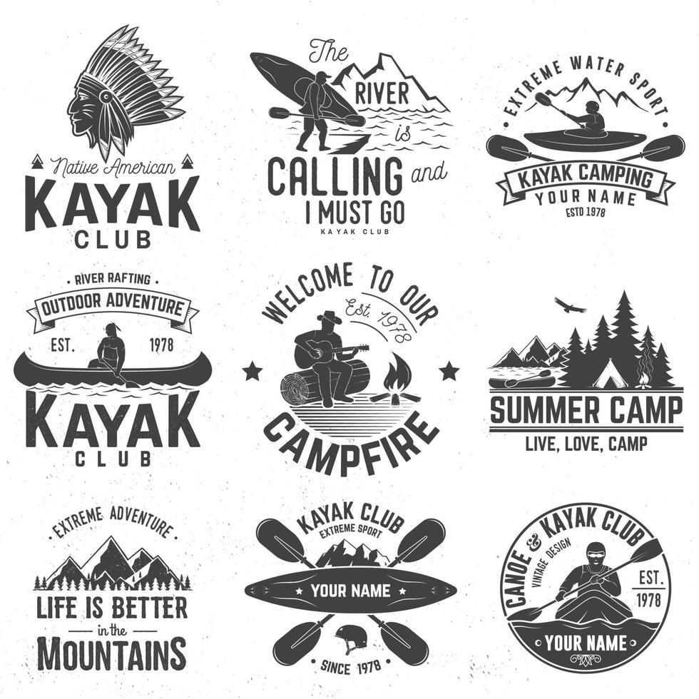 Set of canoe and kayak club badges. Vector illustration.