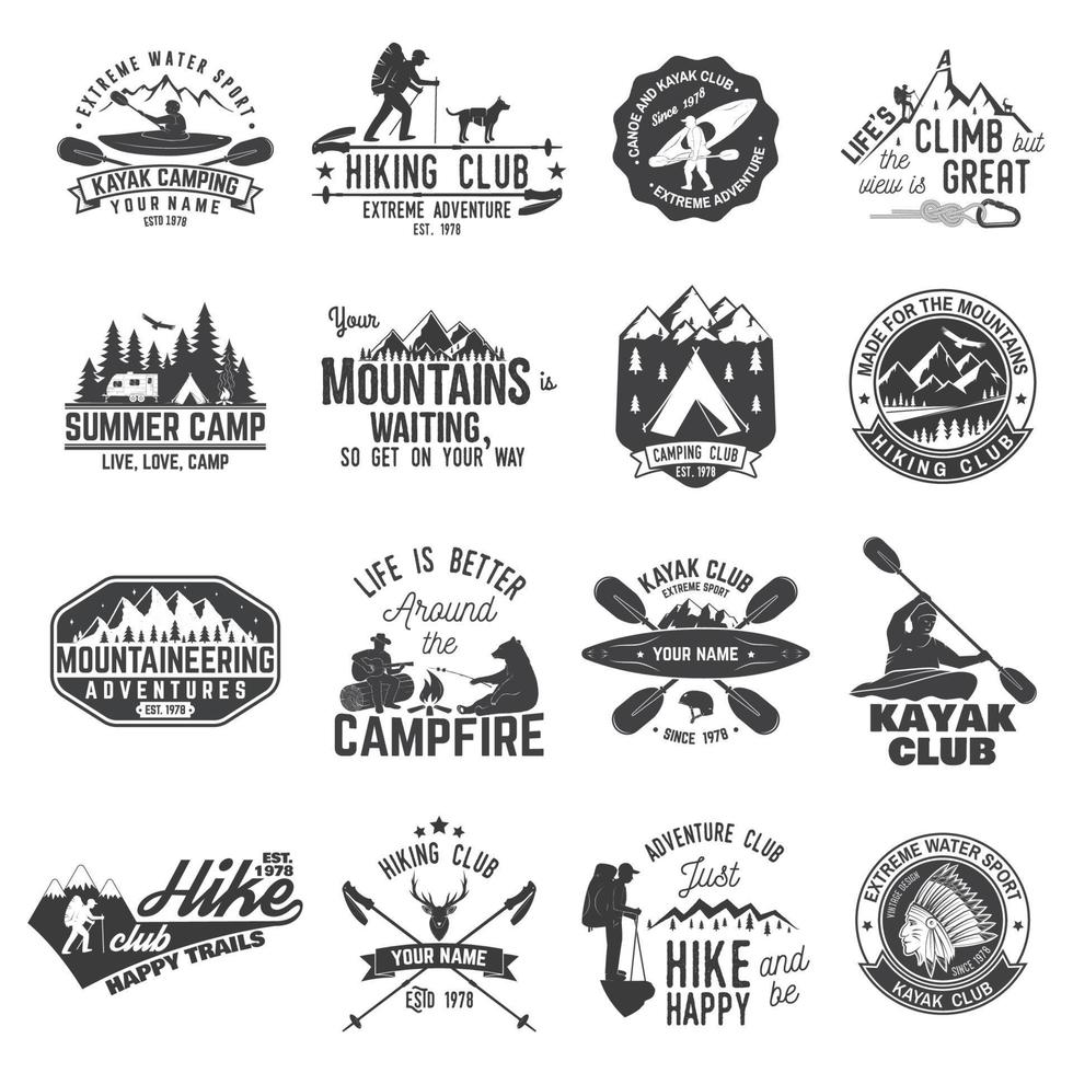 Set of canoe, hiking, kayak and camping club badge vector