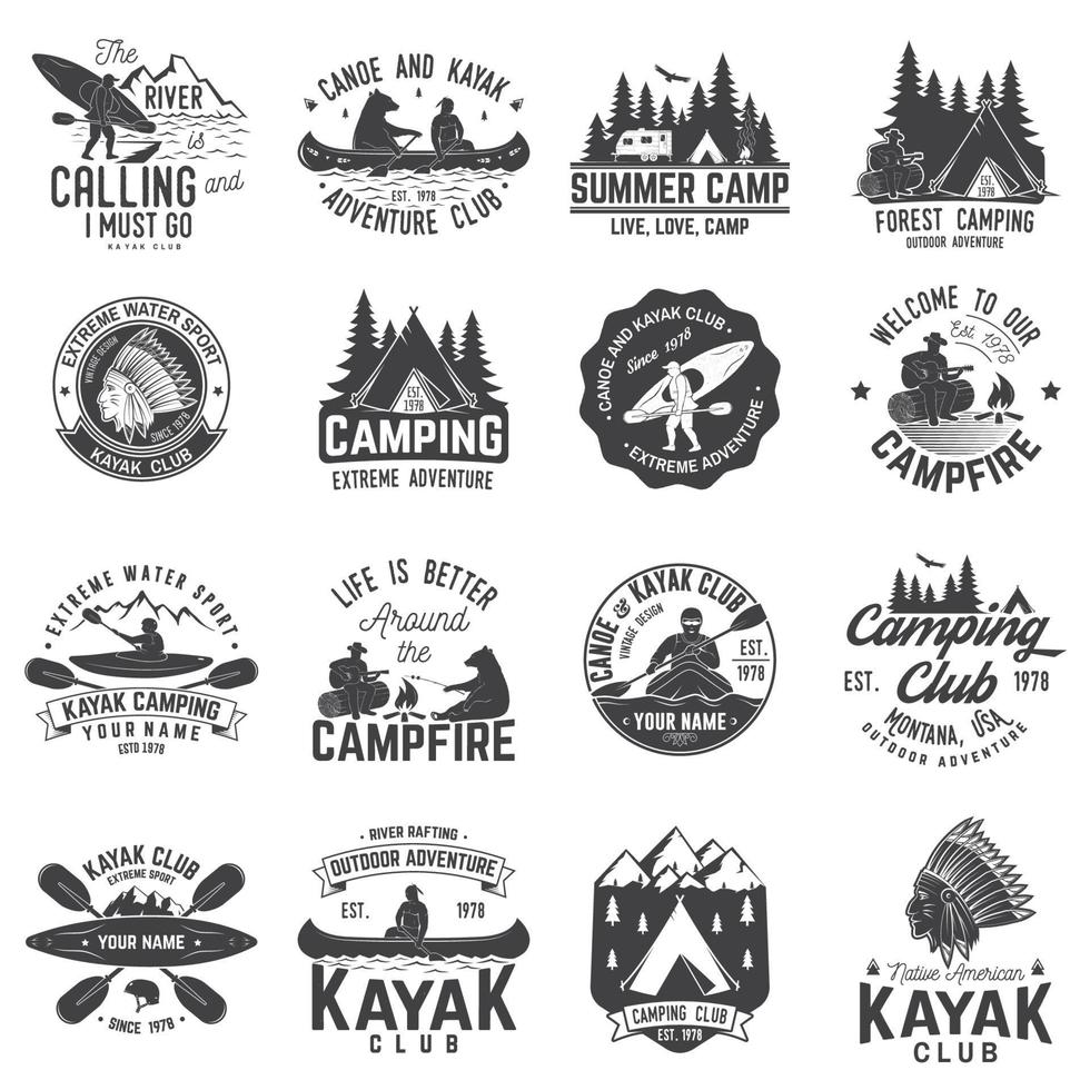 juego de insignias de canoa, kayak y club de camping vector