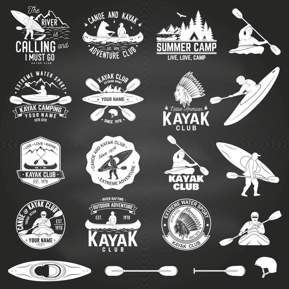 Set of canoe and kayak club badges. Vector illustration.