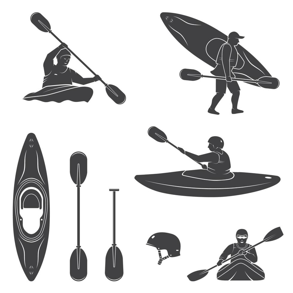 conjunto de equipos de deportes acuáticos extremos, siluetas de kayakistas y canoas vector