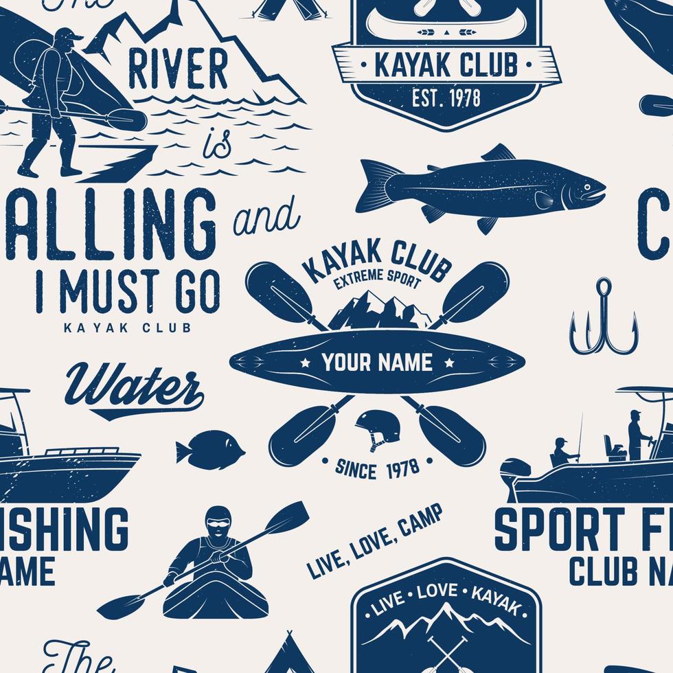Canoe, Kayak and fishing Club seamless pattern. vector