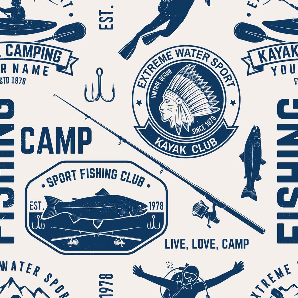 Canoe, Kayak and fishing Club seamless pattern. vector