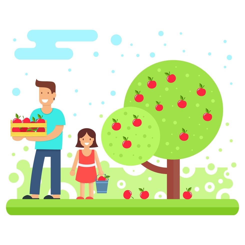 una familia feliz recoge cultivos de manzanas. vector