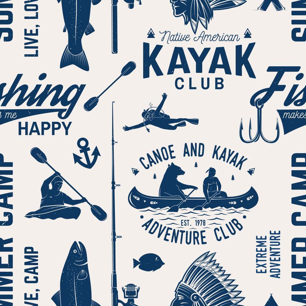 patrón sin fisuras de canoa, kayak y club de pesca. vector