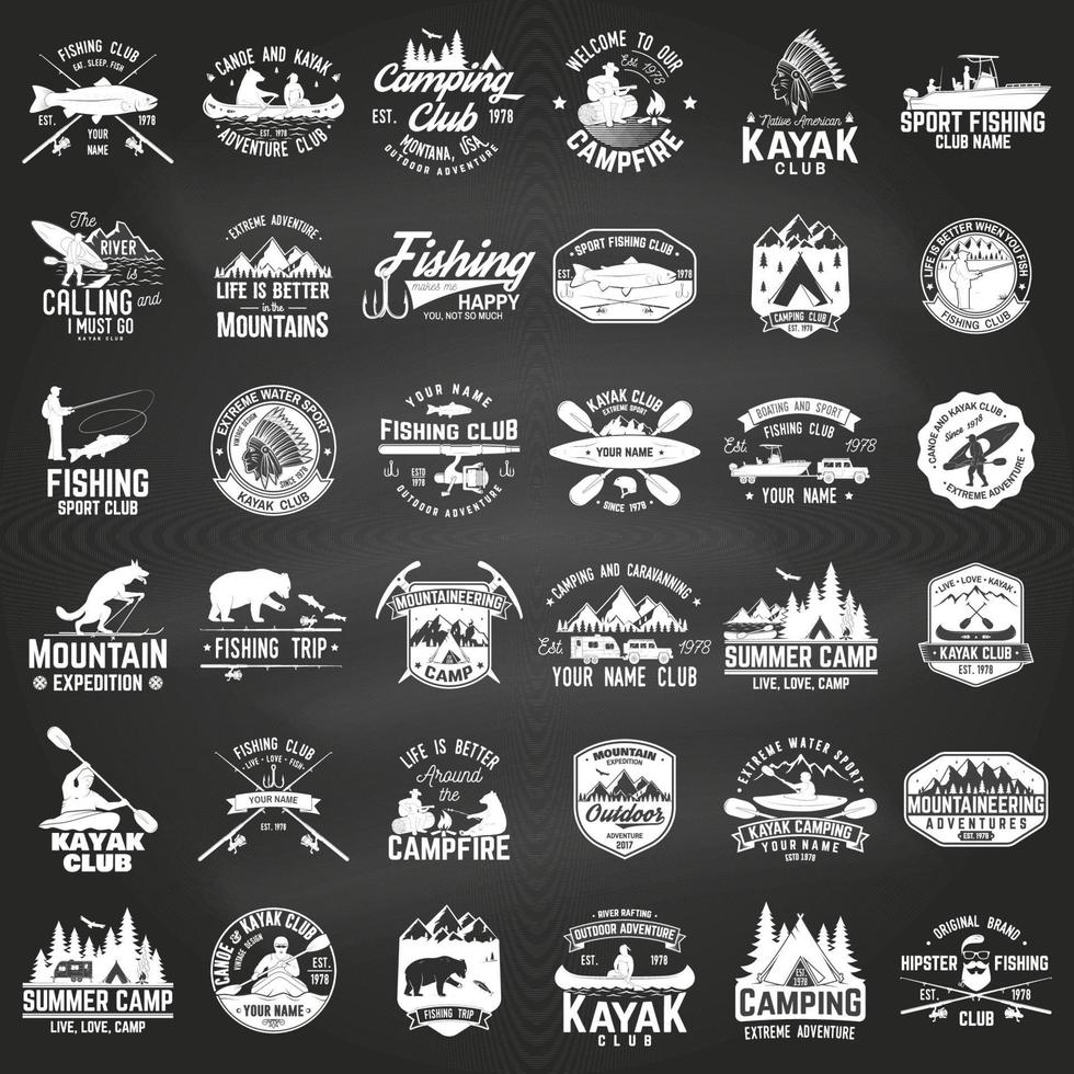 Set of canoe, kayak, fishing and camping club badge. vector