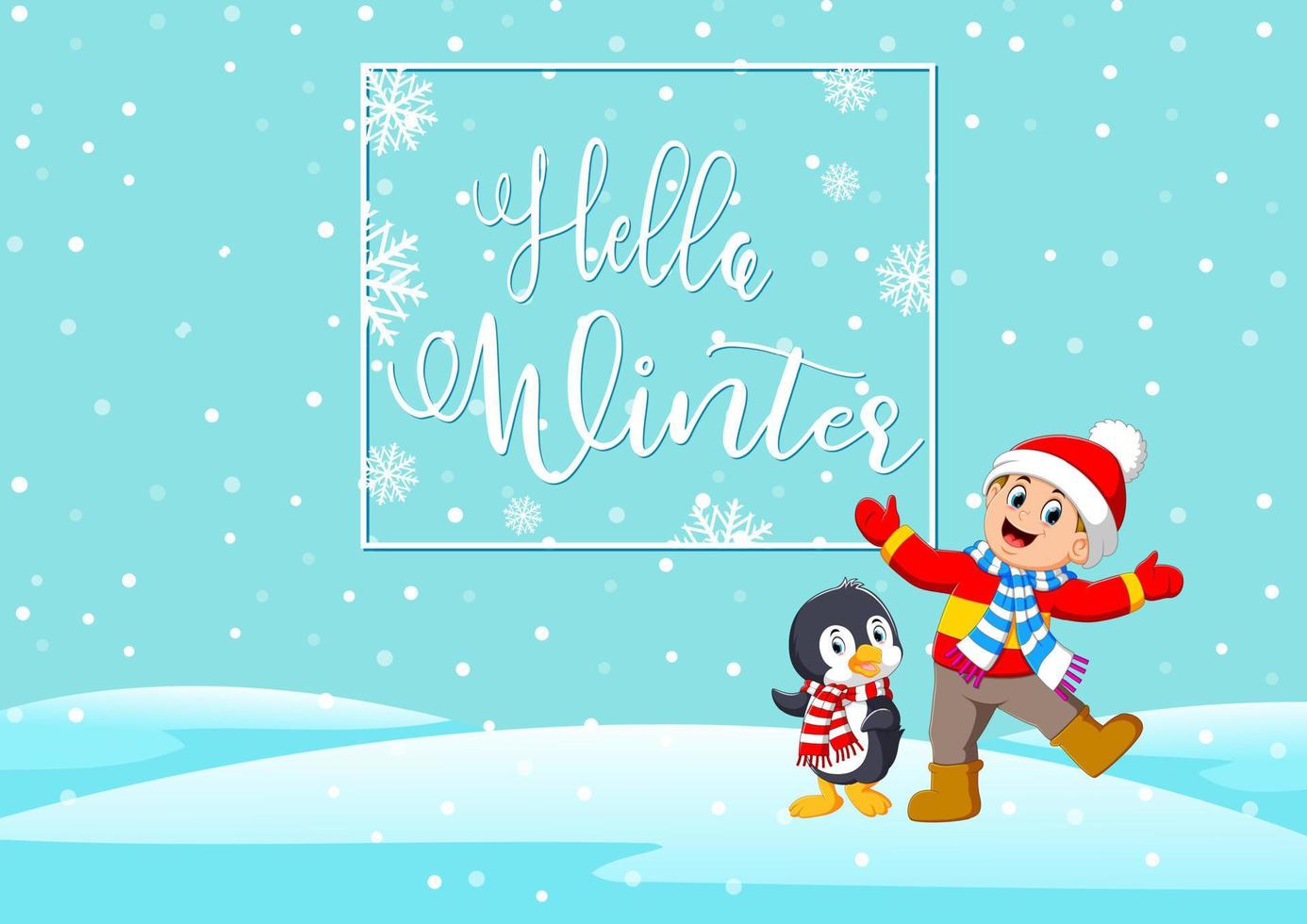 Cartoon happy children and penguin enjoying winter vector