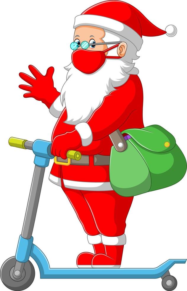 The Santa clause using the red costume and holding the green bag with the scooter vector