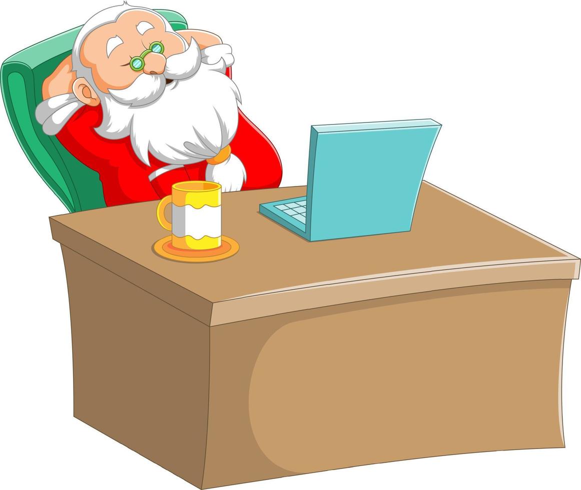 The Santa clause sleeping in the working desk and sitting in front of his laptop vector