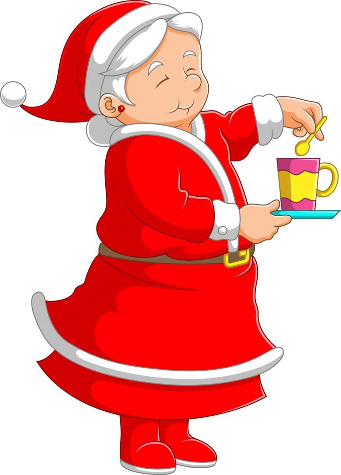 The grandmother using the red costume standing and making a cup of tea vector