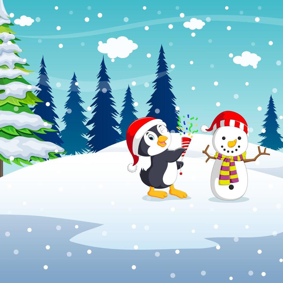fondo de navidad de invierno con pingüino muñeco de nieve hecho a mano vector