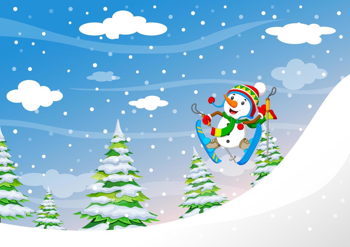 Snowman skiing downhill in high mountains in fresh powder snow vector