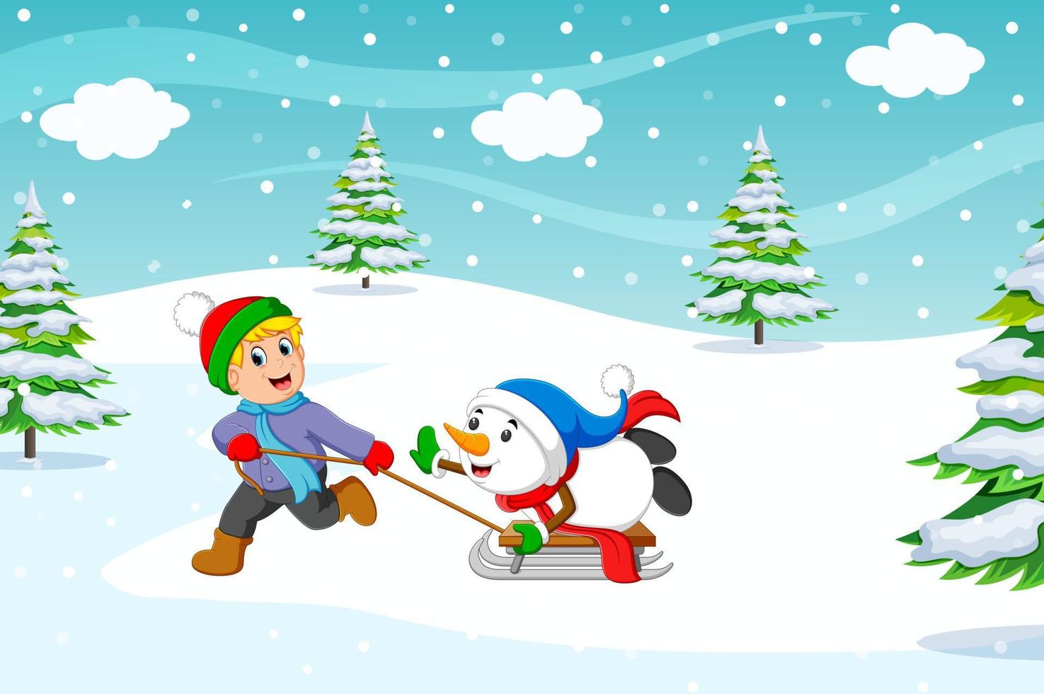 A boy and warm coat playing a sleigh ride with a snow vector