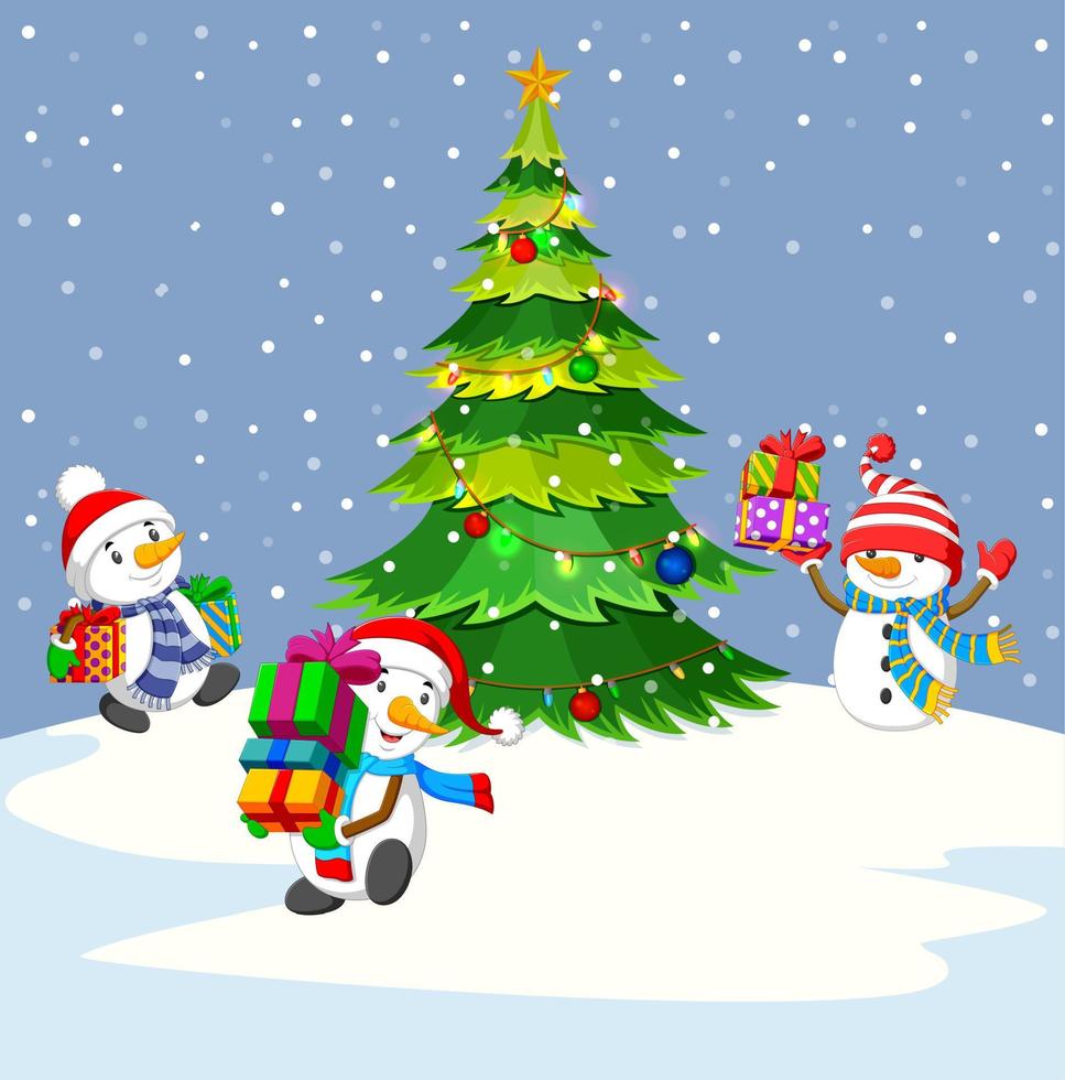 Three snowman holding gift and winter background vector