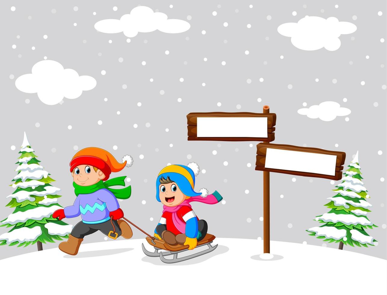 Kids playing a sleigh ride in winter vector