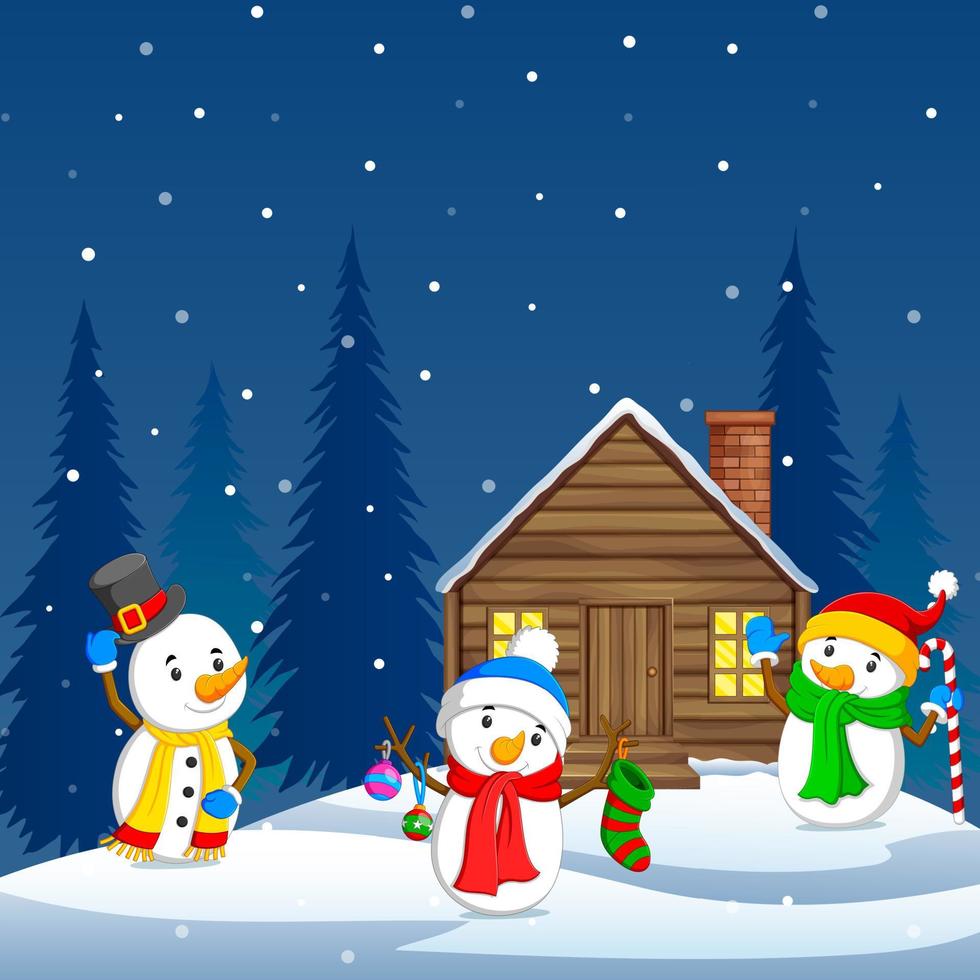 Three snowman and winter background vector