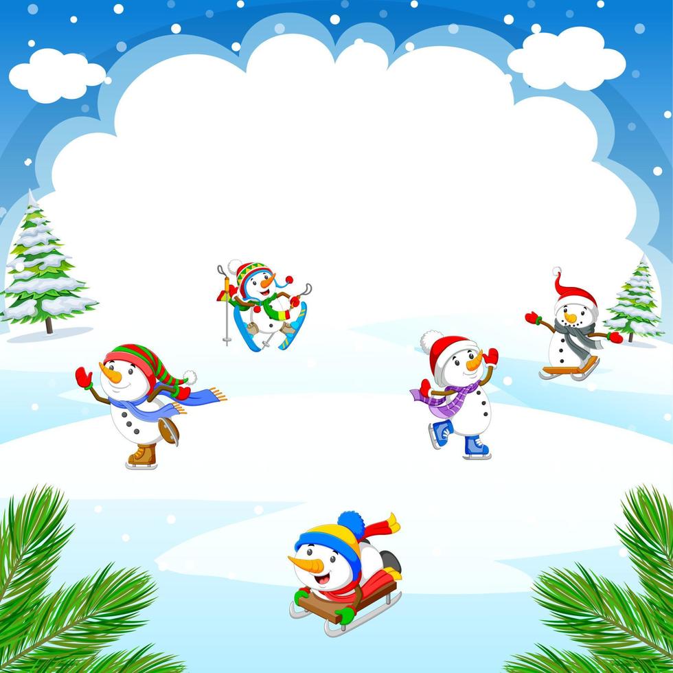 Winter Christmas Background with snowman playing ice skates, skiing, sleigh ride vector