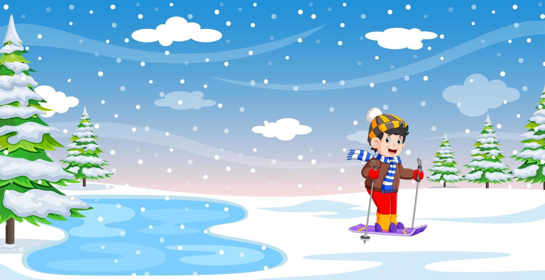 Kids playing a sleigh ride in winter vector