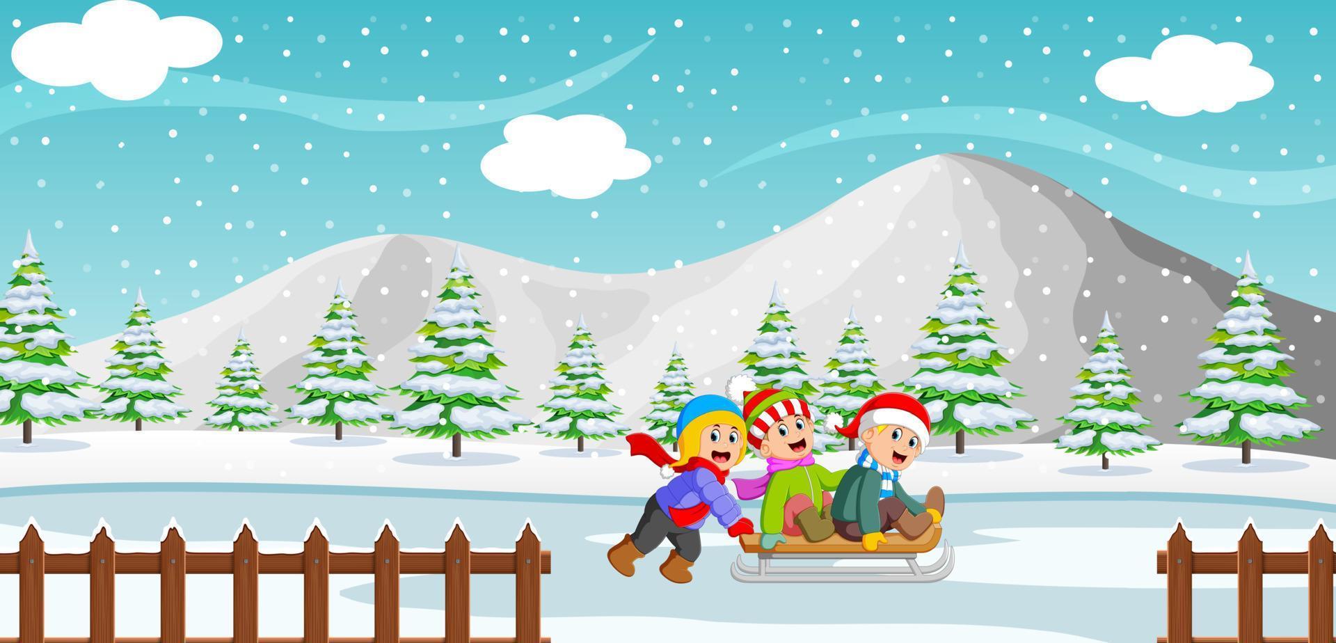 niños felices jugando un paseo en trineo en invierno con fondo de montaña vector