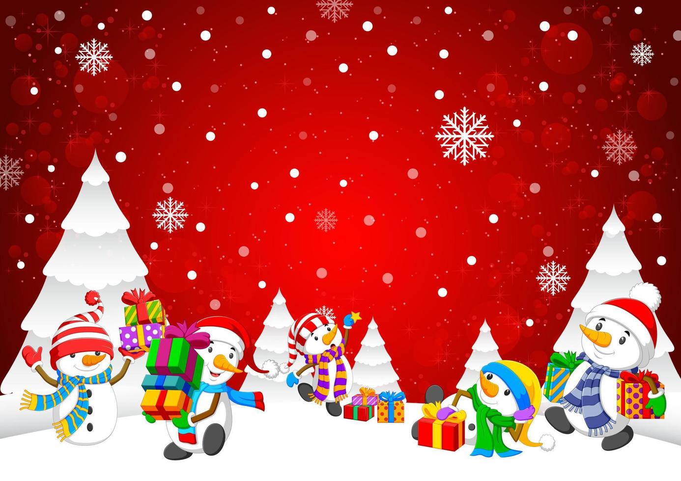 Winter Christmas Background with snowman and Gift Boxes vector