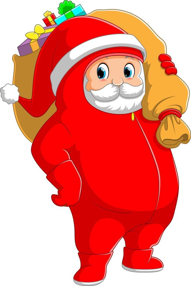 The Santa clause using the personal protective equipment's and holding the big sack of gift vector