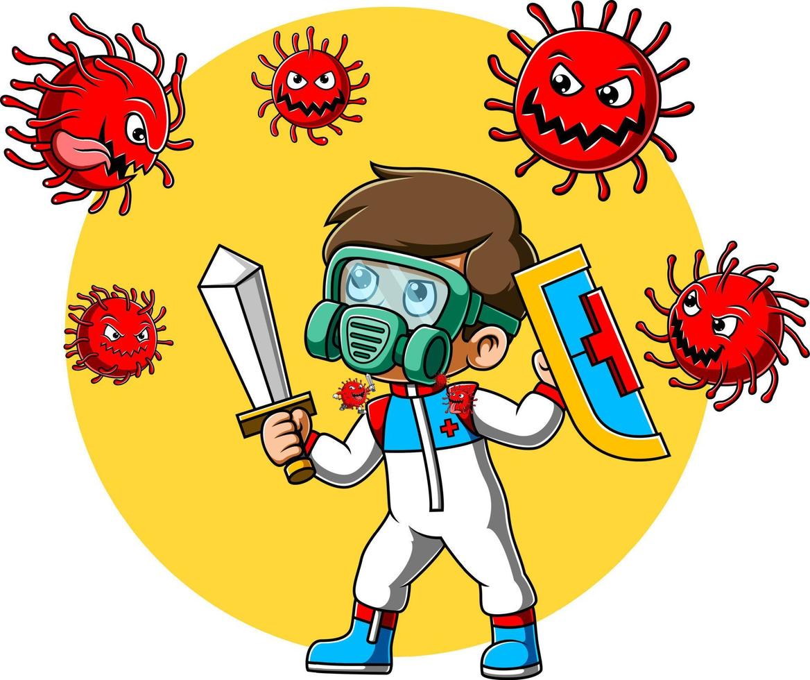 A man in protective suit or clothing holding sword fight corona virus vector