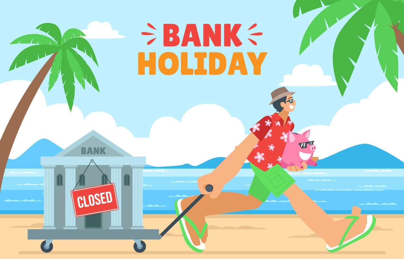 Young Man Enjoy Holiday on Beach with Piggy Bank Concept vector