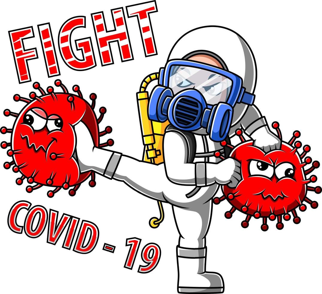 A human fighting corona virus with a disinfecting firing device vector