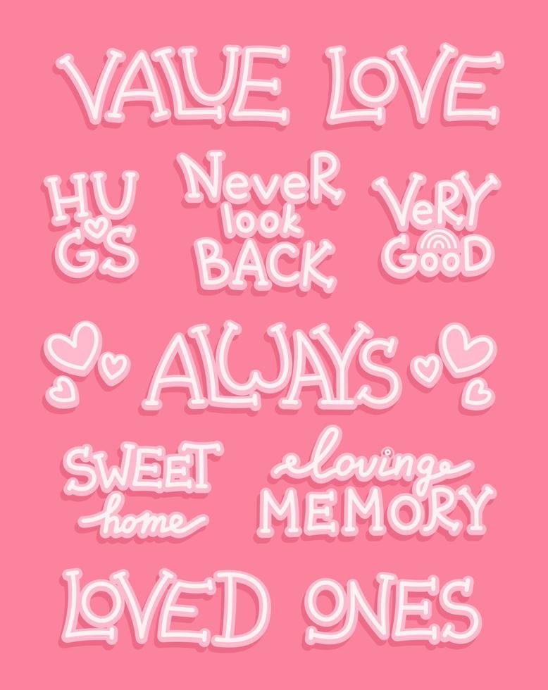 A set of pleasant and warm words on a pink background. vector