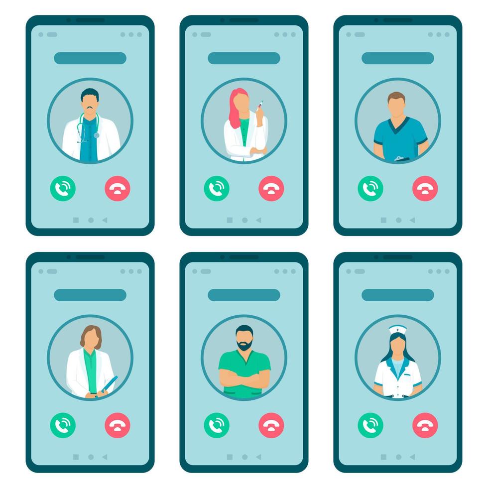 Vector set of smartphones for online call with the attending doctor. Icons of the medical staff avatar. Isolated phones.