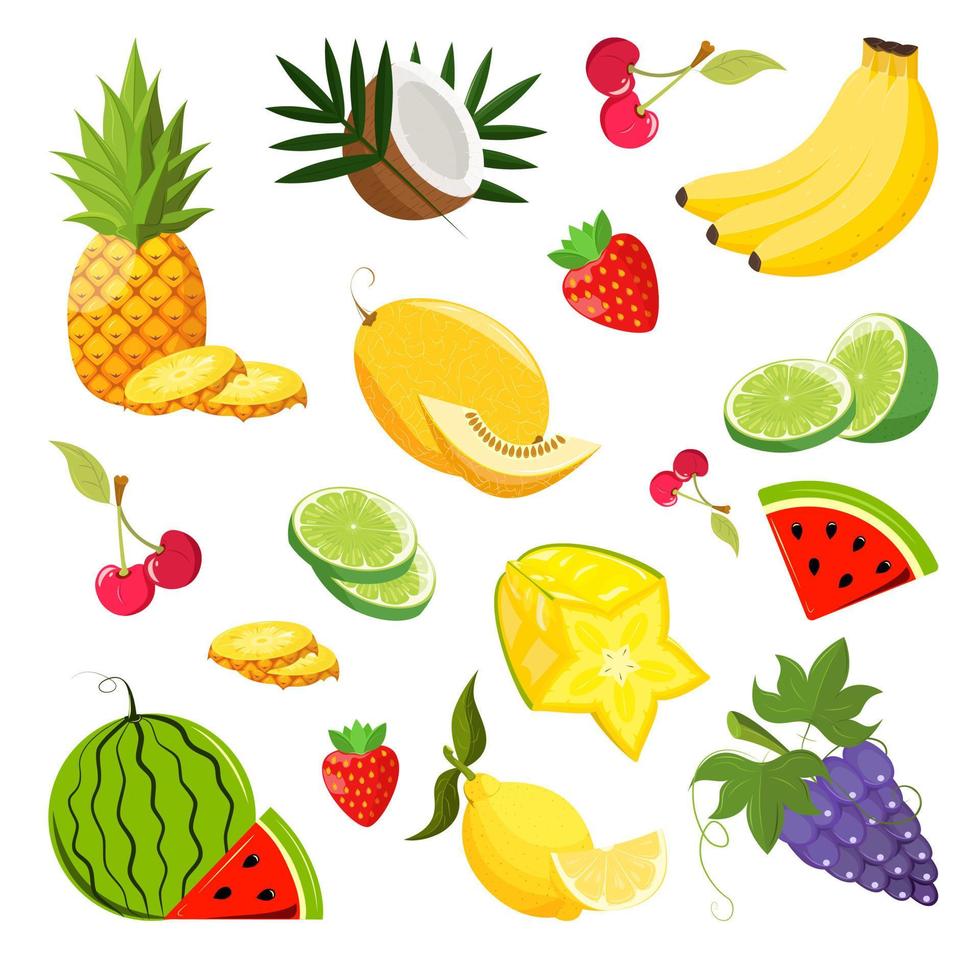 Vector illustration of a set of tropical fruits in flat style.