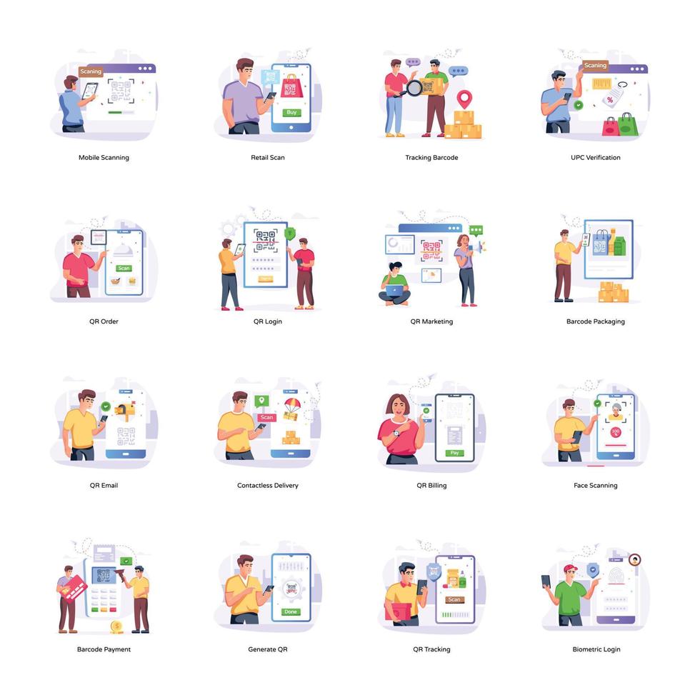 Pack of Barcode Scanning Flat Illustrations vector