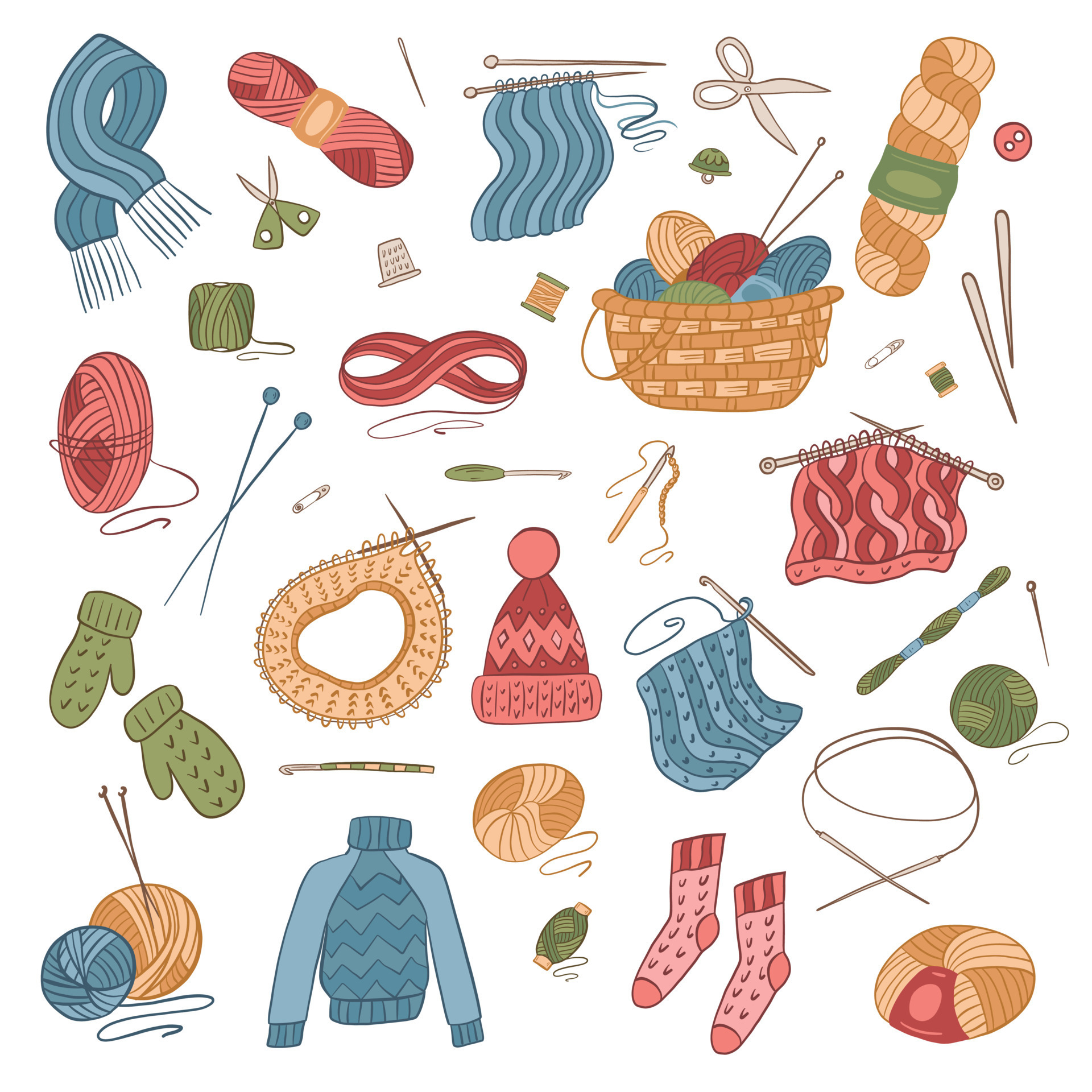 Set vector illustration elements isolated on white. Knitting tools, yarn,  wools, knitting needles. Handmade knitwear and hobby concept. 14158905  Vector Art at Vecteezy