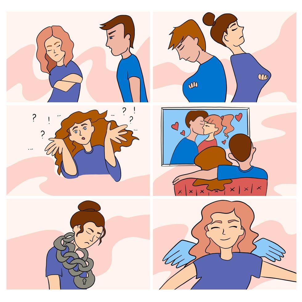 Set of vector illustrations a lot of different psychological situations. Male and female characters are quarreling, the woman is confused and sad. Happiness and love.