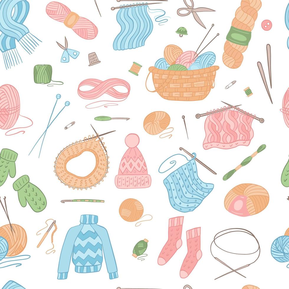 Seamless pattern vector illustration elements on white. Knitting tools, yarn, wools, knitting needles. Handmade knitwear and hobby concept.