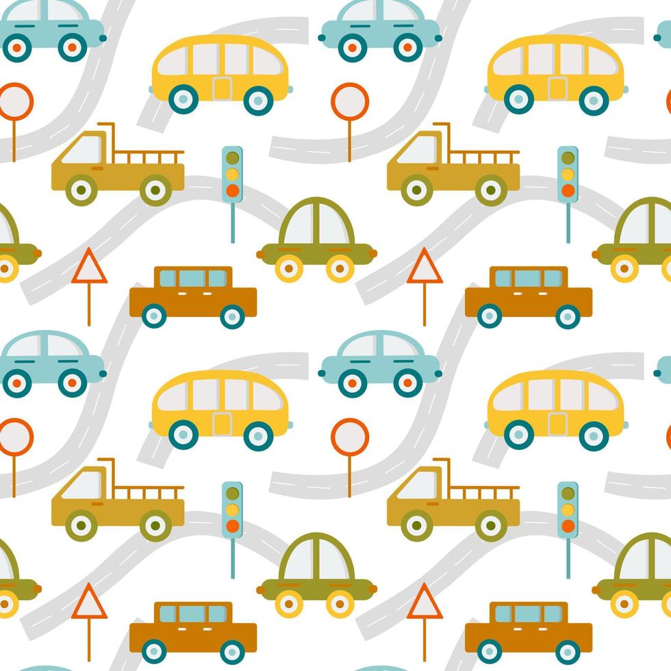 Seamless childish pattern with toy cars. Creative kids texture for fabric, wrapping, textile, wallpaper, apparel. Vector illustration