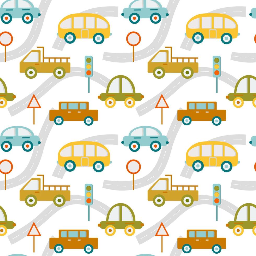 patrón infantil impecable con coches de juguete. textura creativa para niños para tela, envoltura, textil, papel pintado, ropa. ilustración vectorial vector