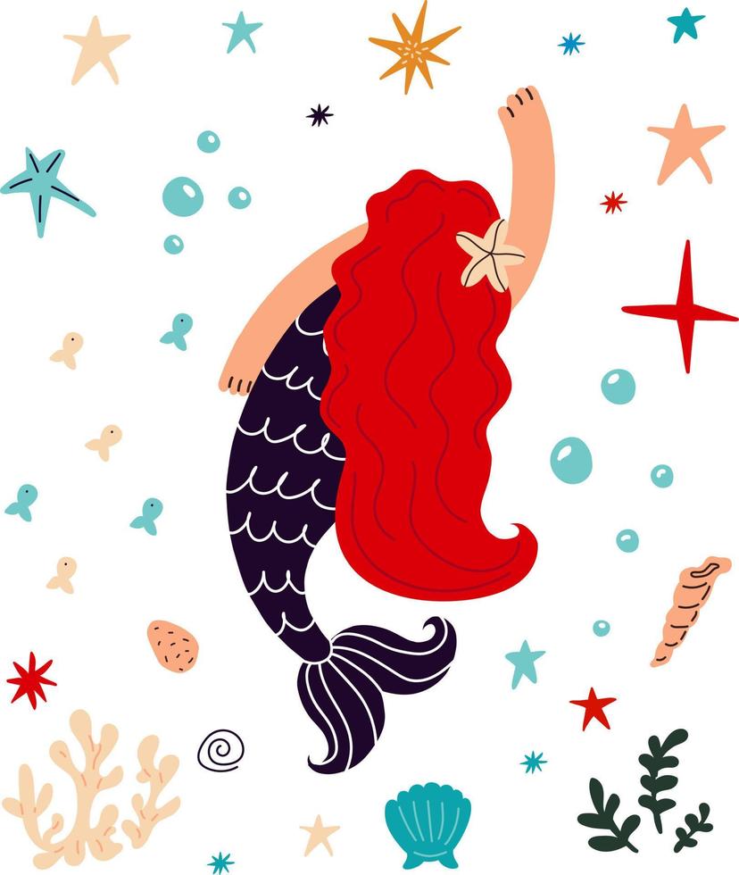 Cute Mermaid with redhair and marine life.Vector cartoon illustration vector