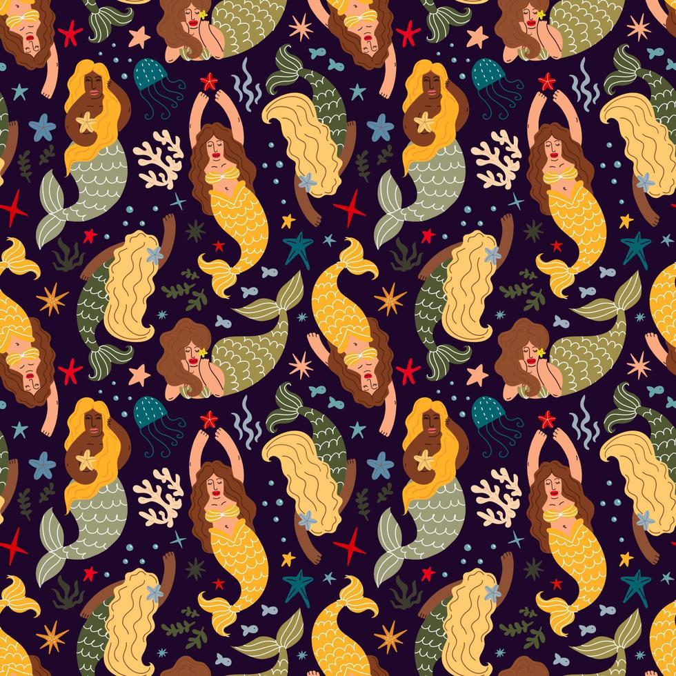Seamless pattern with mermaids and marine life vector