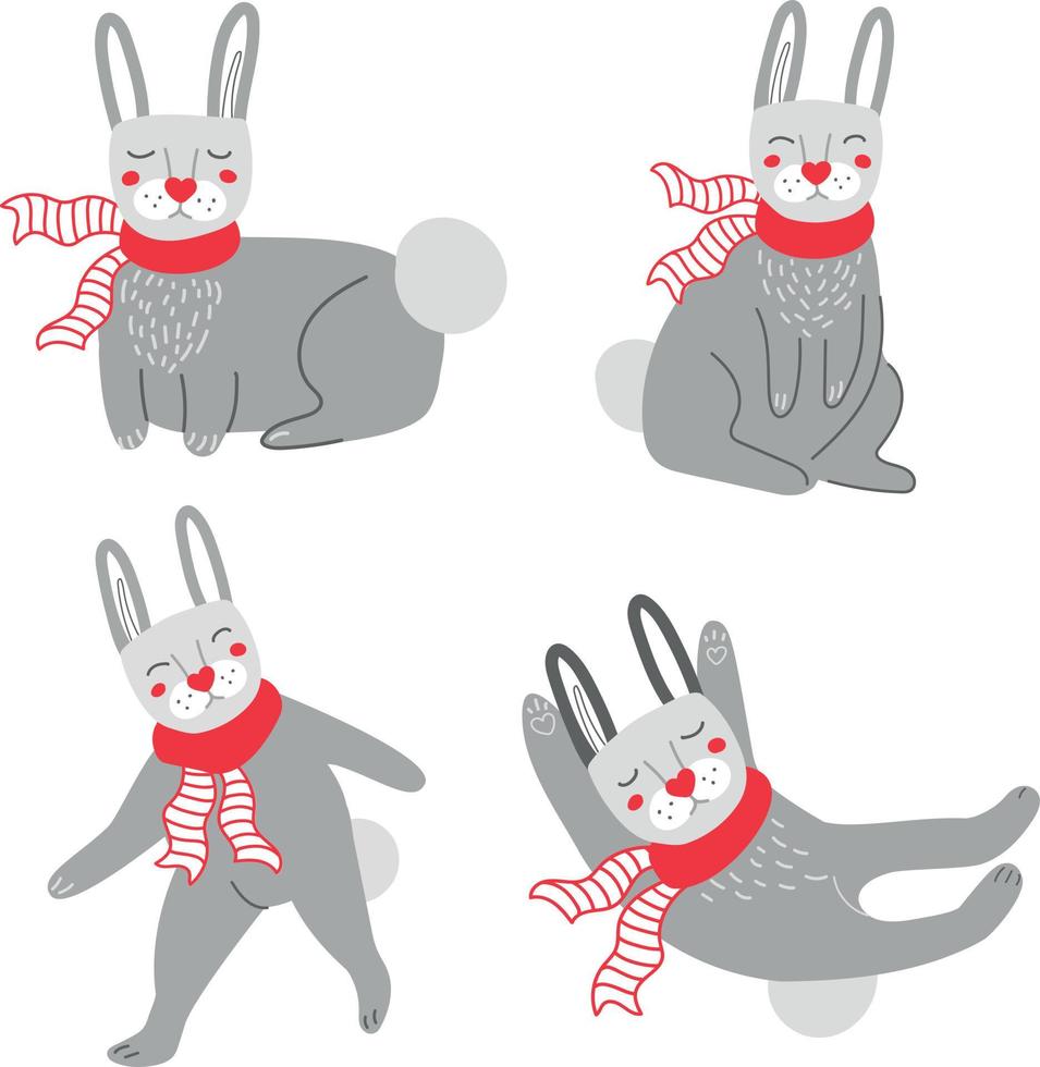 Funny cartoon rabbits in red scarf during Christmas holidays. Vector illustration on a white background