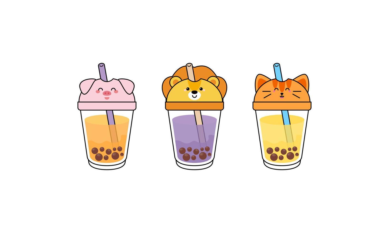 Kawai Cute Bubble Tea with Cup Animal Faces vector